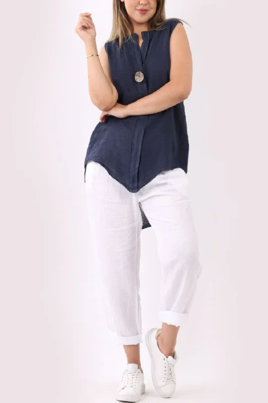 Linen Sleeveless Long Top - Navy