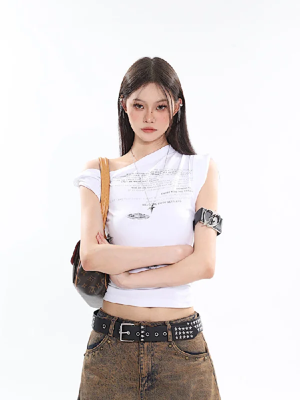 Loid Solid Color Graphic Letter Print Off-the-Shoulder Irregular Slim Slanted Shoulder Top