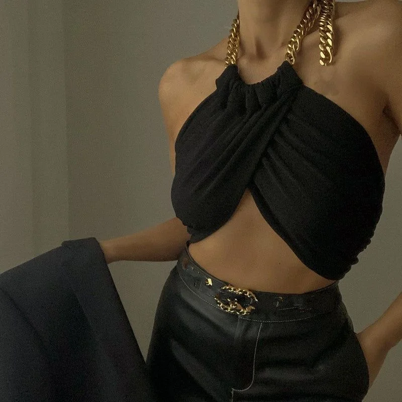 Panther Cropped Twisted Halterneck Chain Top