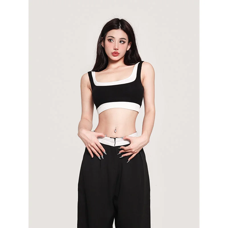 Qui Contrast Color Two-Piece Slim Square Neck Wide Strap Cropped Bra Top