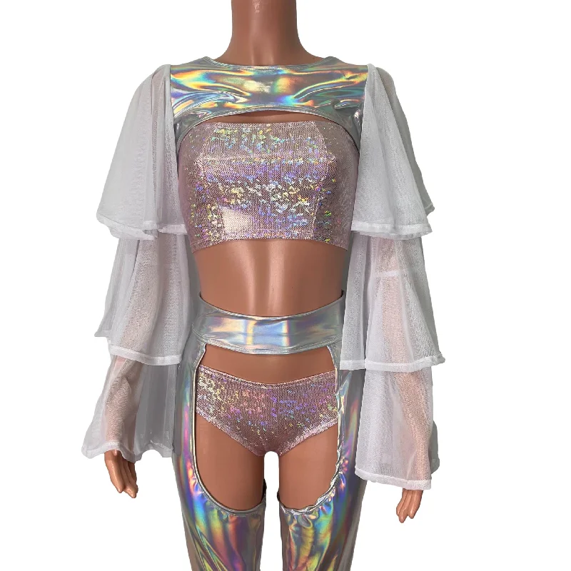 Ruffle Sleeve Bolero Top - Opal Holographic and White Mesh