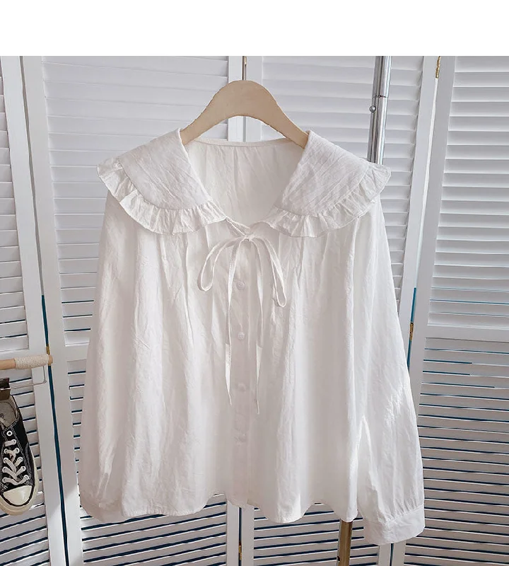 Solid color drawstring doll Neck Shirt Long Sleeve Shirt cardigan  6347