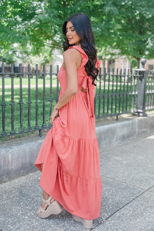 As Time Passes Coral Cinch Chest Maxi Dress