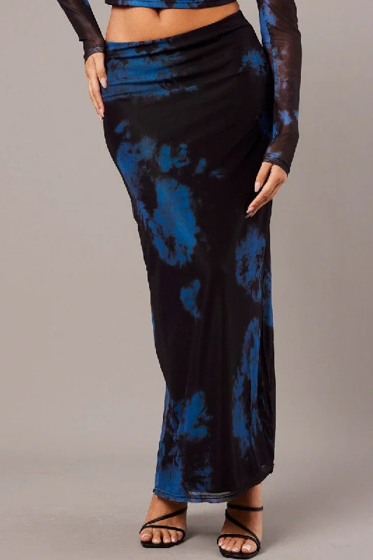 Blue Abstract Maxi Skirt High Rise Mesh