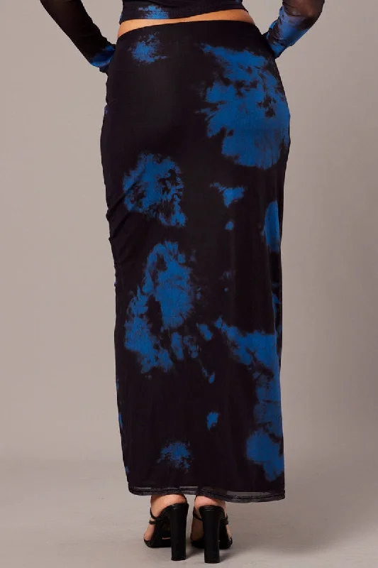 Blue Abstract Maxi Skirt High Rise Mesh