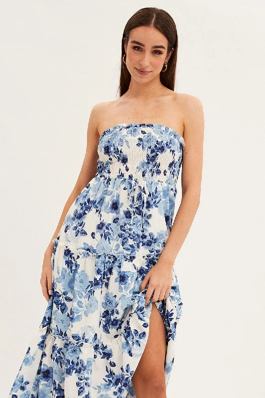 Blue Floral Maxi Dress Shirred Bust Strapless