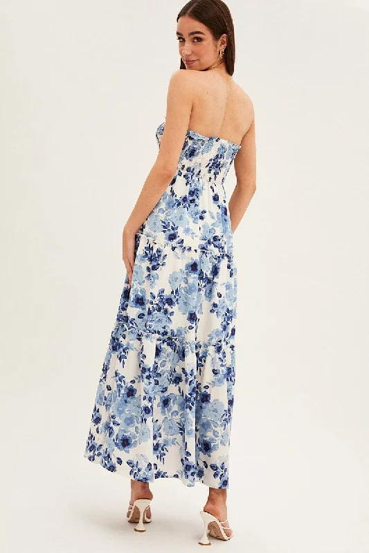 Blue Floral Maxi Dress Shirred Bust Strapless