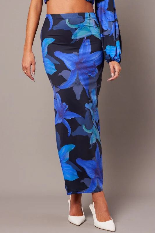 Blue Floral Maxi Skirt Tube Side Split Skirt