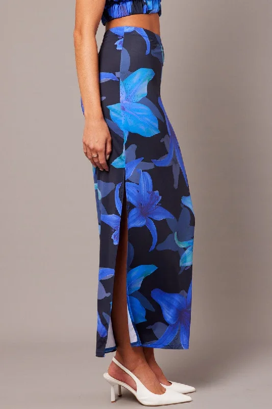 Blue Floral Maxi Skirt Tube Side Split Skirt