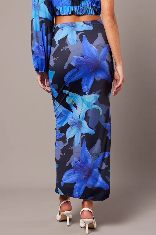 Blue Floral Maxi Skirt Tube Side Split Skirt