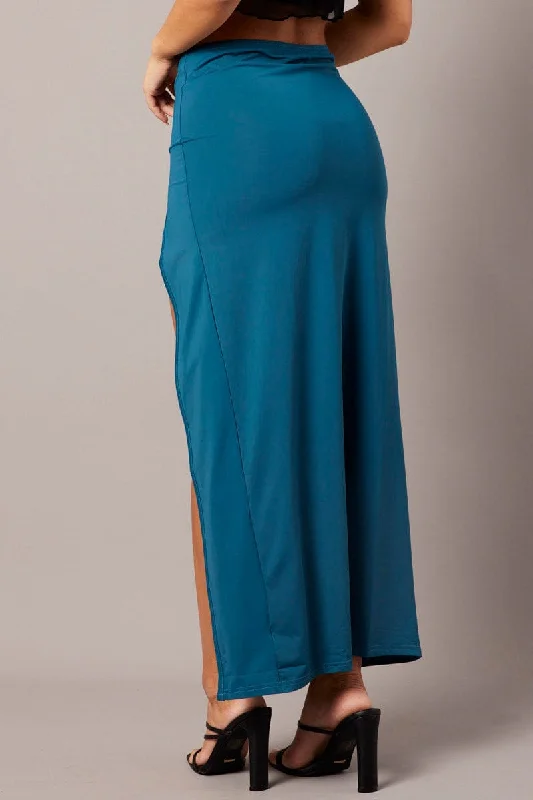 Blue Maxi Skirt Mid Rise Split Nylon