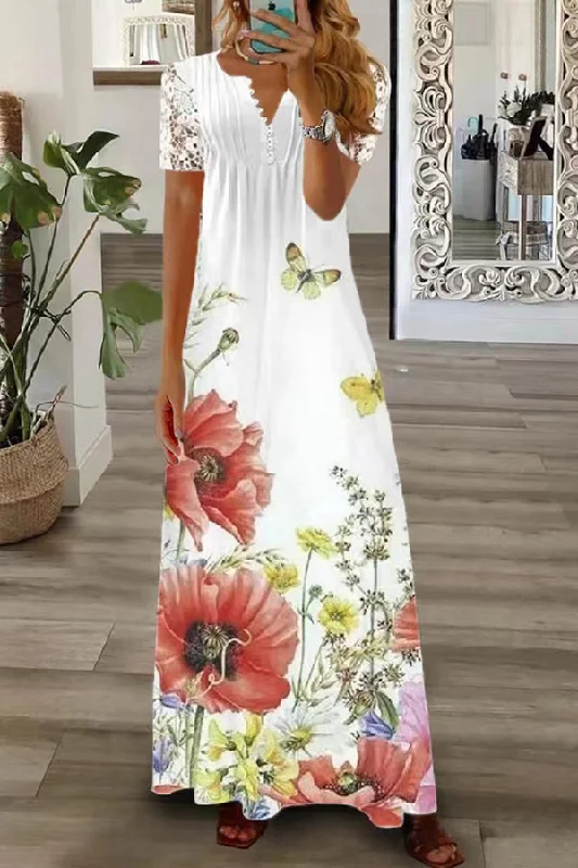 Boho Floral V Neck Button Lace Sleeve Holiday Beach Maxi Dress