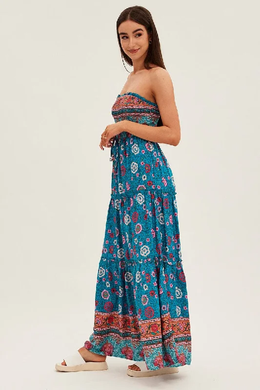 Boho Print Maxi Dress Bandeau Sun Dress