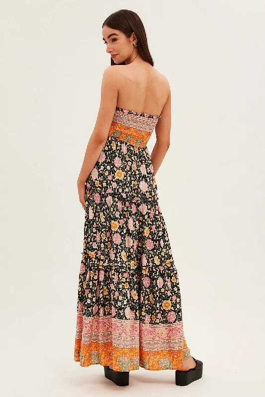 Boho Print Maxi Dress Bandeau Sun Dress