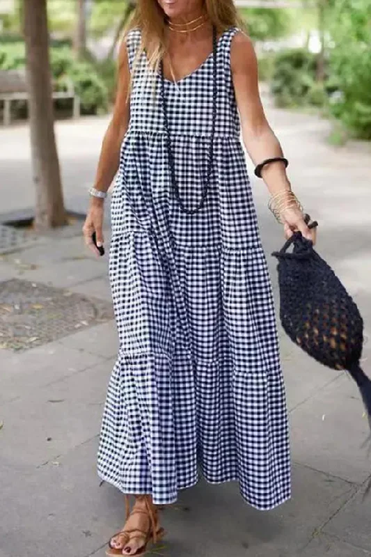 Cotton And Linen Plaid Loose Maxi Dress