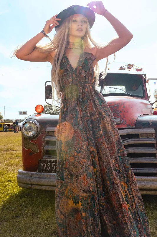 Delphi Braided Maxi Dress in Green Batik Paisley