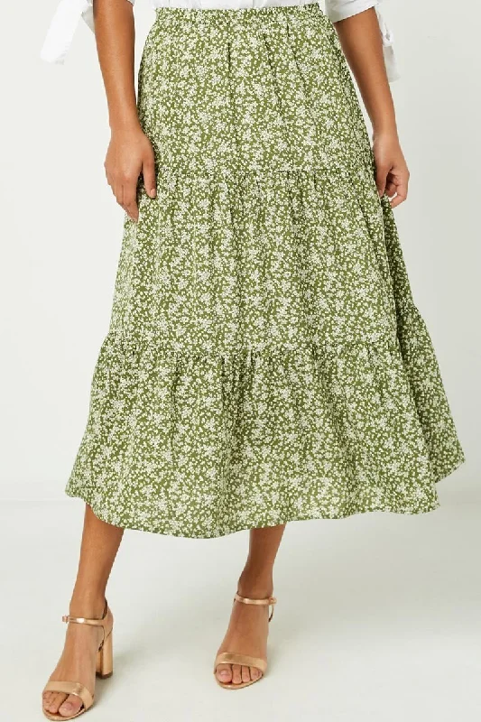 Ditsy Floral Midi Skirt Style 3287 in Olive