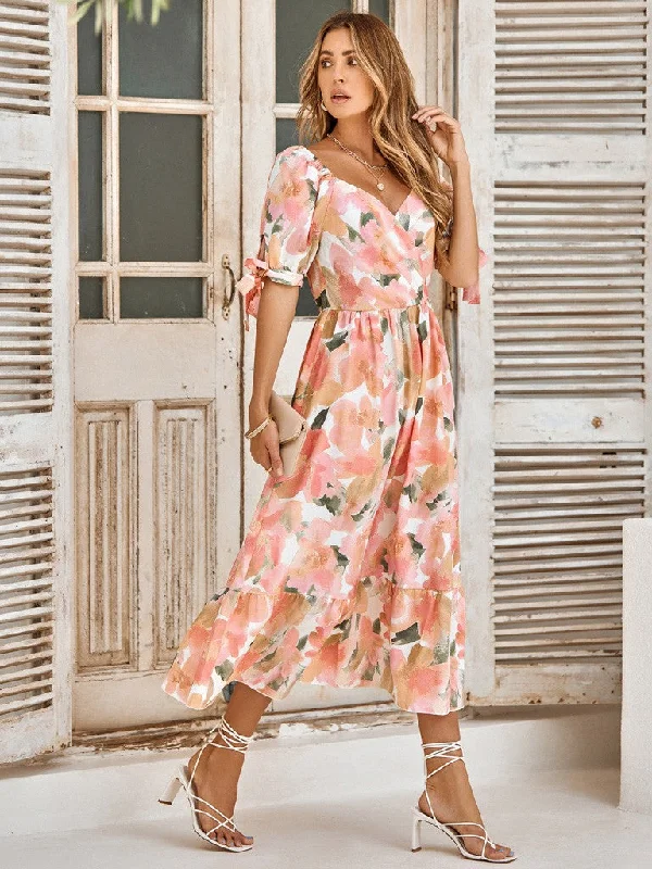 Floral Print Surplice Midi Dress in Orange Style 5294