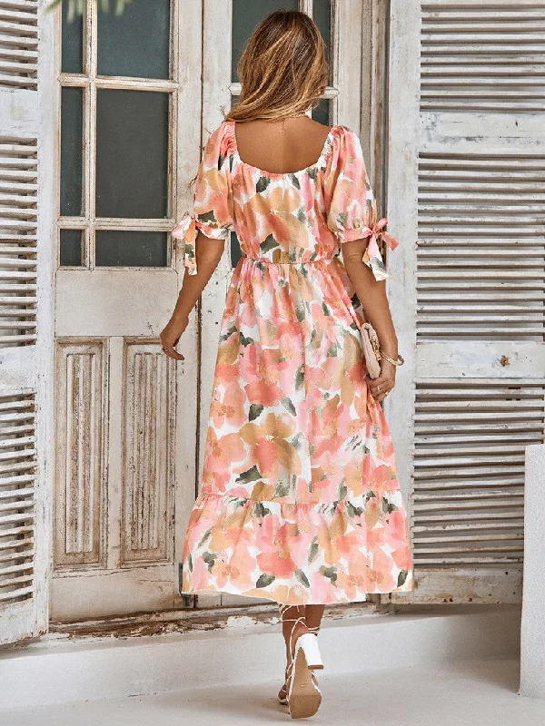 Floral Print Surplice Midi Dress in Orange Style 5294