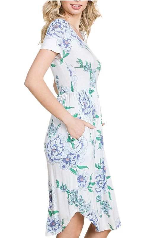 Floral Round Neck Midi Dress Style 1073 in Ivory