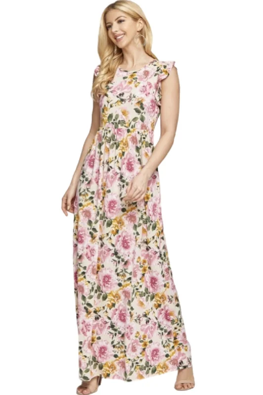 Floral Ruffle Maxi Dress in Cream 3974