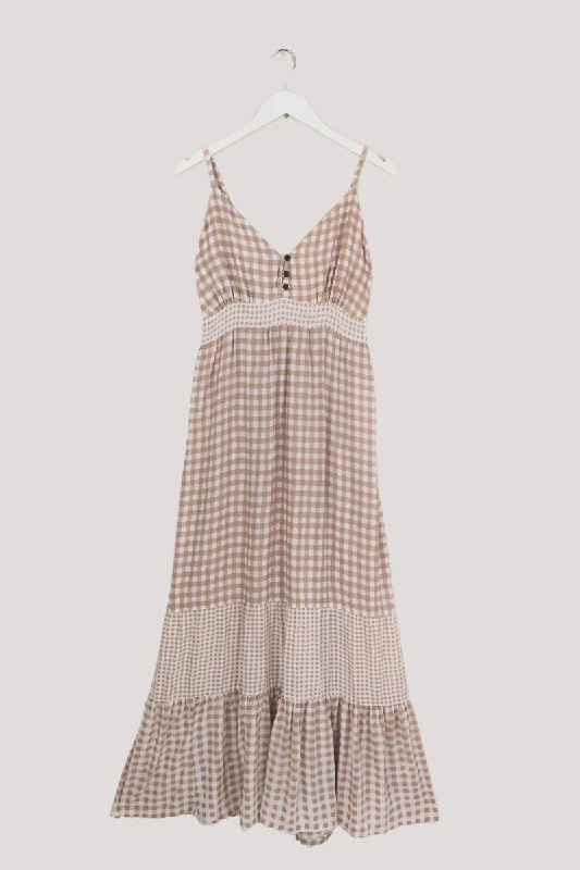 Jessie Maxi Dress in Biscuit Brown Gingham