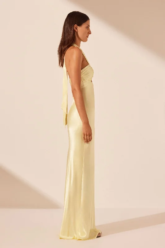 LA LUNE RUCHED HALTER MAXI DRESS - LEMON