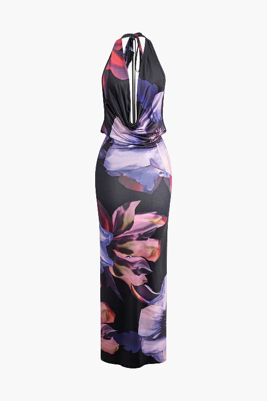 Floral Print Cowl V-neck Backless Tie Halter Maxi Dress