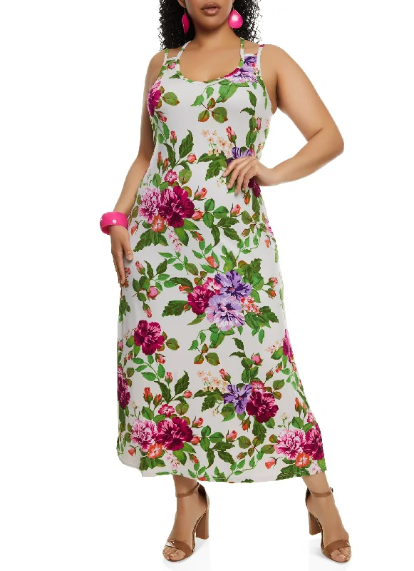 Plus Size Floral Print Side Slit Tank Maxi Dress