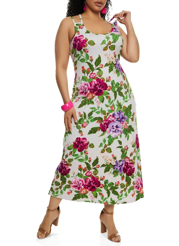 Plus Size Floral Print Side Slit Tank Maxi Dress