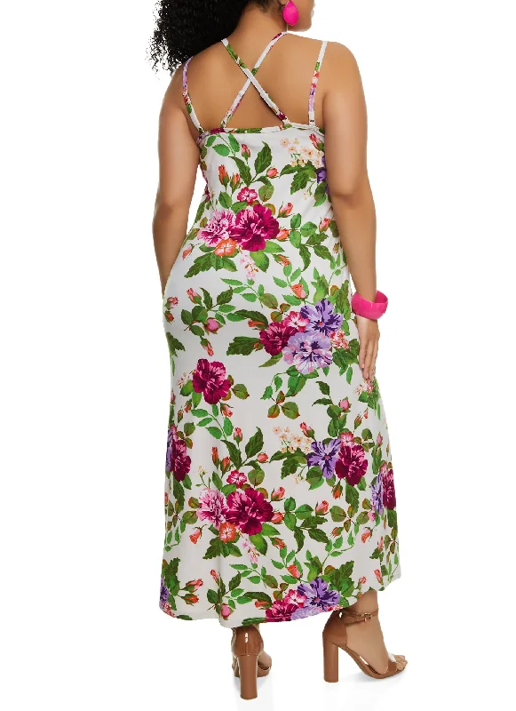 Plus Size Floral Print Side Slit Tank Maxi Dress