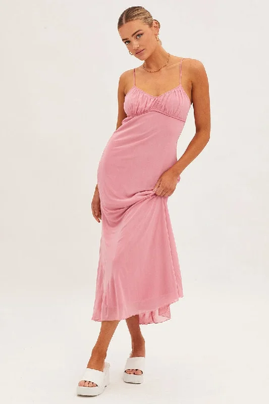 Pink Maxi Dress Sleeveless Gathering Bust Mesh