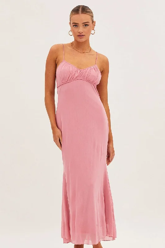 Pink Maxi Dress Sleeveless Gathering Bust Mesh