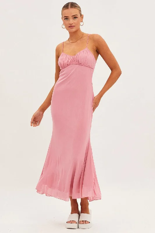 Pink Maxi Dress Sleeveless Gathering Bust Mesh