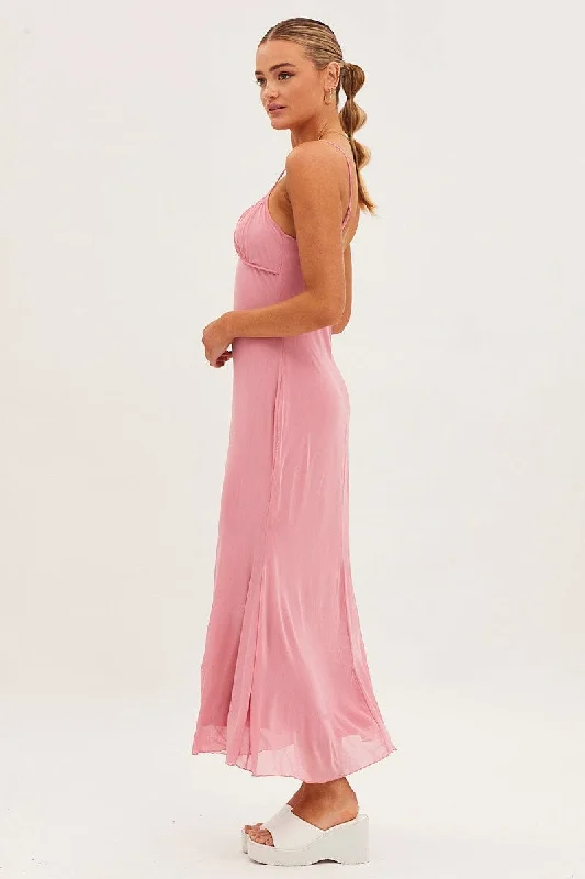 Pink Maxi Dress Sleeveless Gathering Bust Mesh