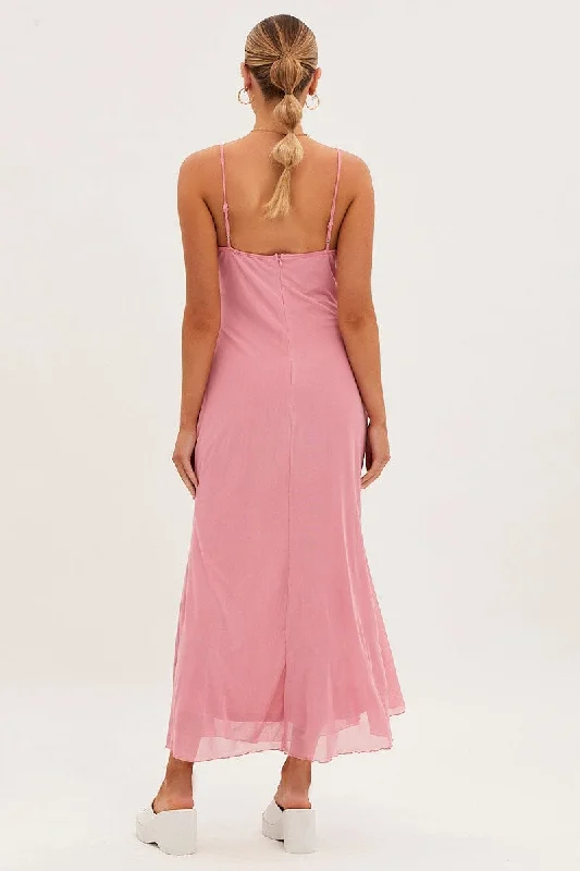 Pink Maxi Dress Sleeveless Gathering Bust Mesh