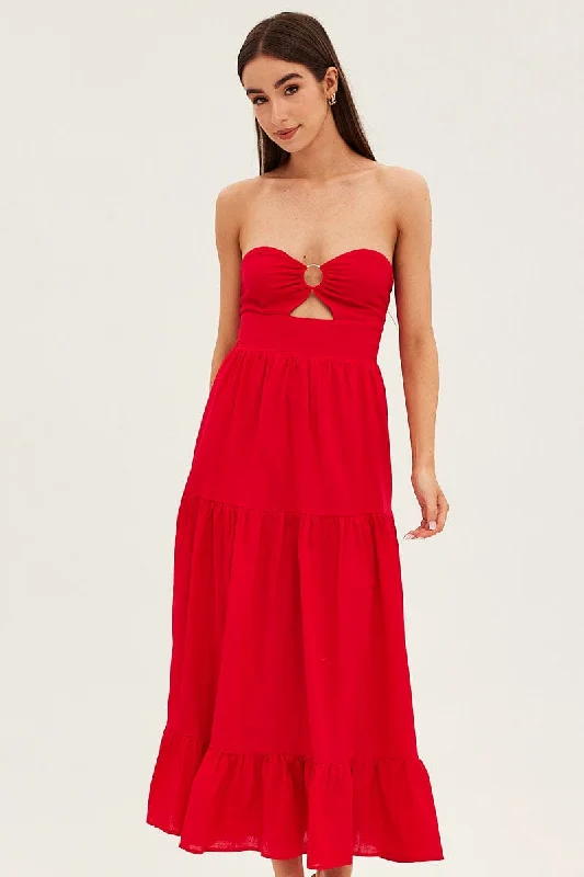 Red Maxi Dress Sleeveless Bandeau Ring Detail