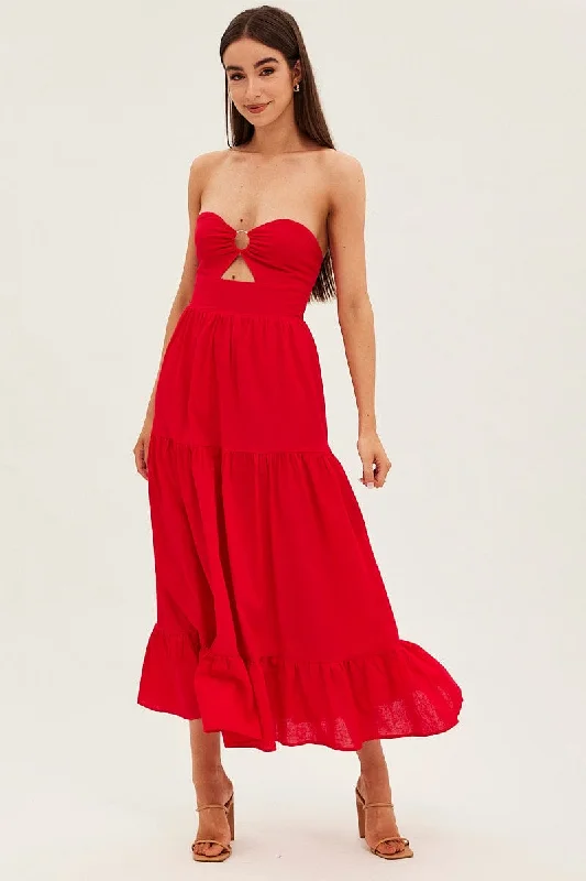 Red Maxi Dress Sleeveless Bandeau Ring Detail