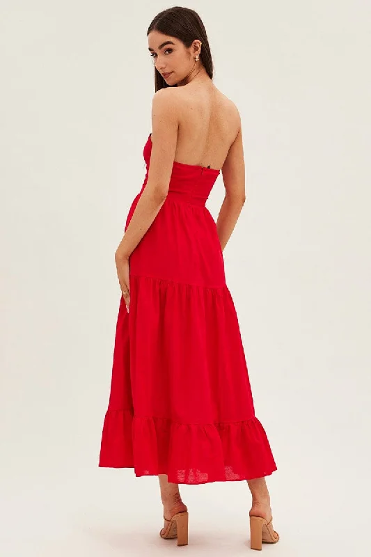 Red Maxi Dress Sleeveless Bandeau Ring Detail