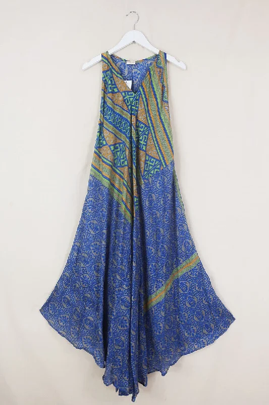 Siren Maxi Dress - Cobalt Blue & Silver Floral Insignias - Vintage Silk - Free Size