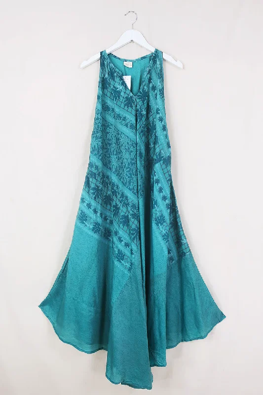 Siren Maxi Dress - Fallen Leaves in a Blue Pool  - Vintage Silk - Free Size