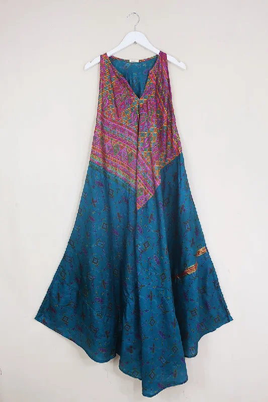 Siren Maxi Dress - Glitzy Teal & Pink Paisley - Vintage Silk - Free Size