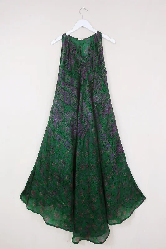 Siren Maxi Dress - Jewel Green & Precious Purple Paisley Tiles - Vintage Silk - Free Size