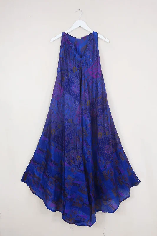 SALE Siren Maxi Dress - Marine Blue Patchwork - Vintage Silk - Free Size