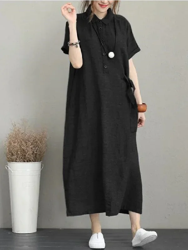 DressBetty - 2024 Summer Cotton Linen Vintage Casual Loose Mid-length Maxi Dress