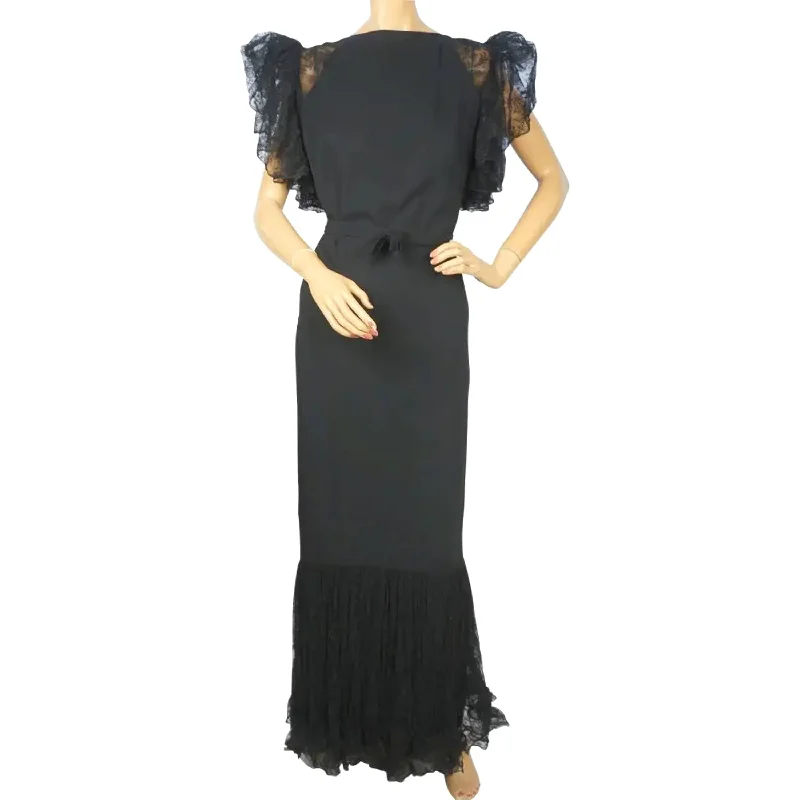 Vintage 1930s Evening Gown Black Crepe Dress Size M L