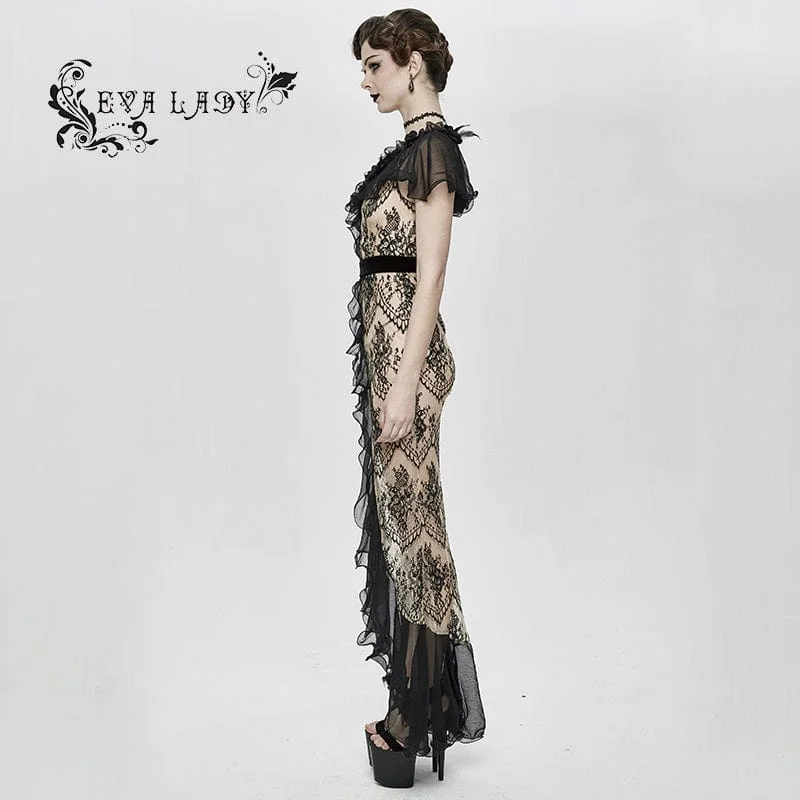 Women's Gothic Turn-down Collar Sheer Floral Lace Dovetail Dress