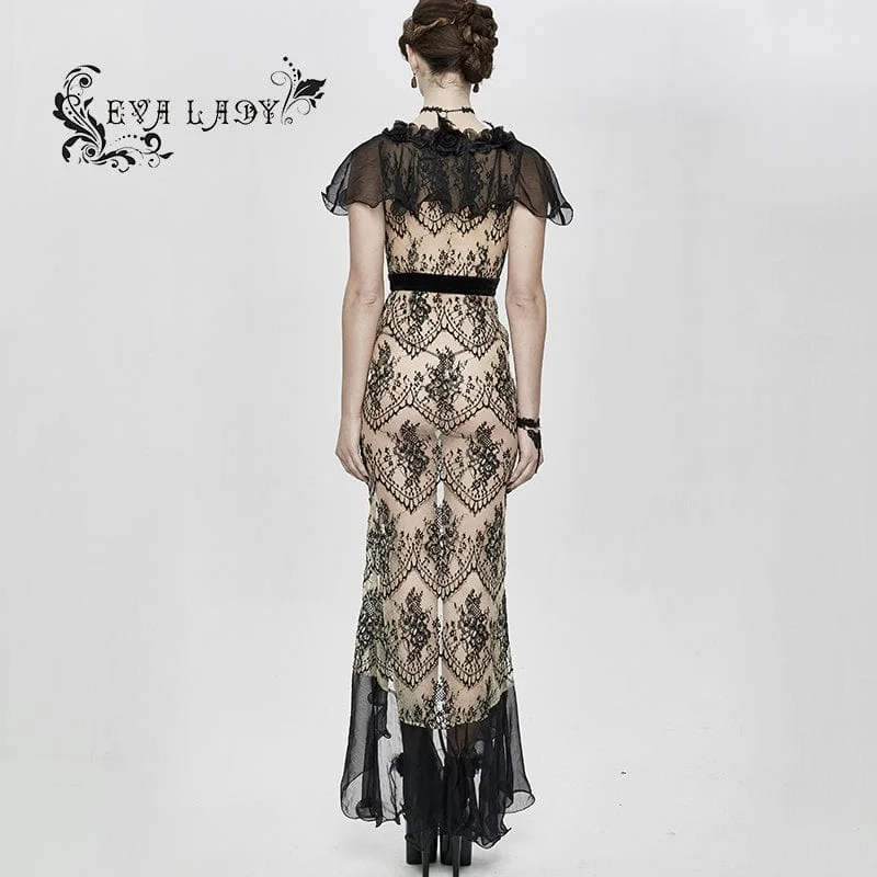 Women's Gothic Turn-down Collar Sheer Floral Lace Dovetail Dress