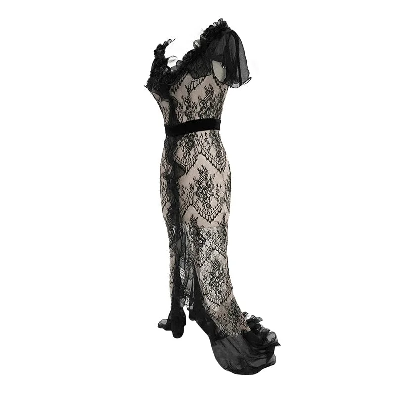 Women's Gothic Turn-down Collar Sheer Floral Lace Dovetail Dress