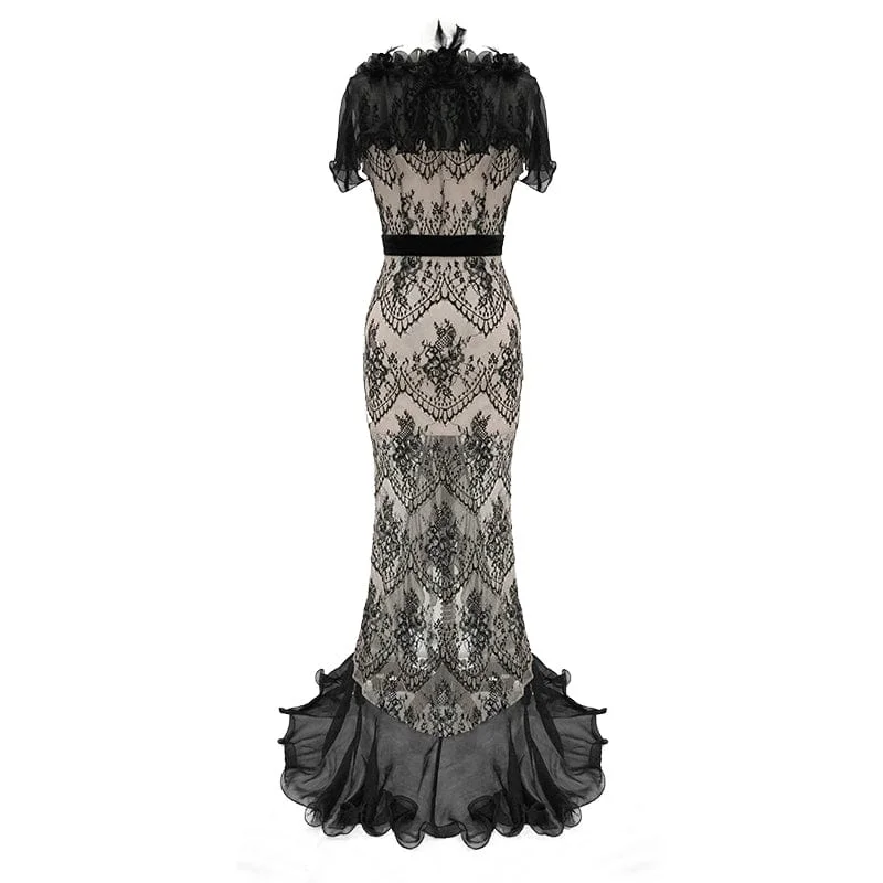 Women's Gothic Turn-down Collar Sheer Floral Lace Dovetail Dress